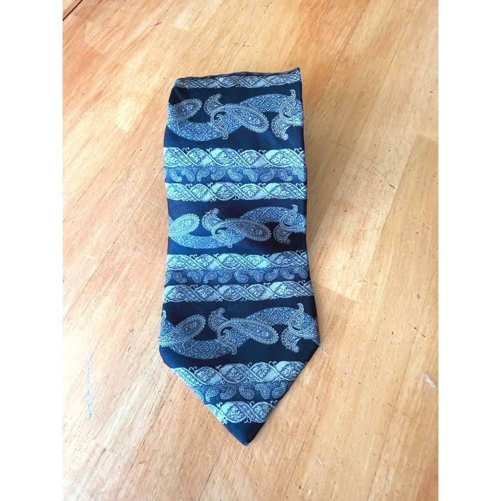 Machado George Machado Mens Silk Tie Black Silver Paisley Scroll Woven USA